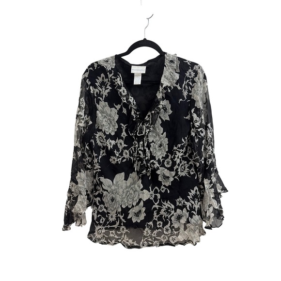 Worthington Tops - Blouse Floral Whimsigoth Worthington Women XL Silk Flutter Sleeve Tie Front